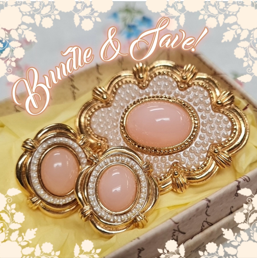 Vintage 80s Avon Gold and Pink Cabachon Brooch and Earring Set